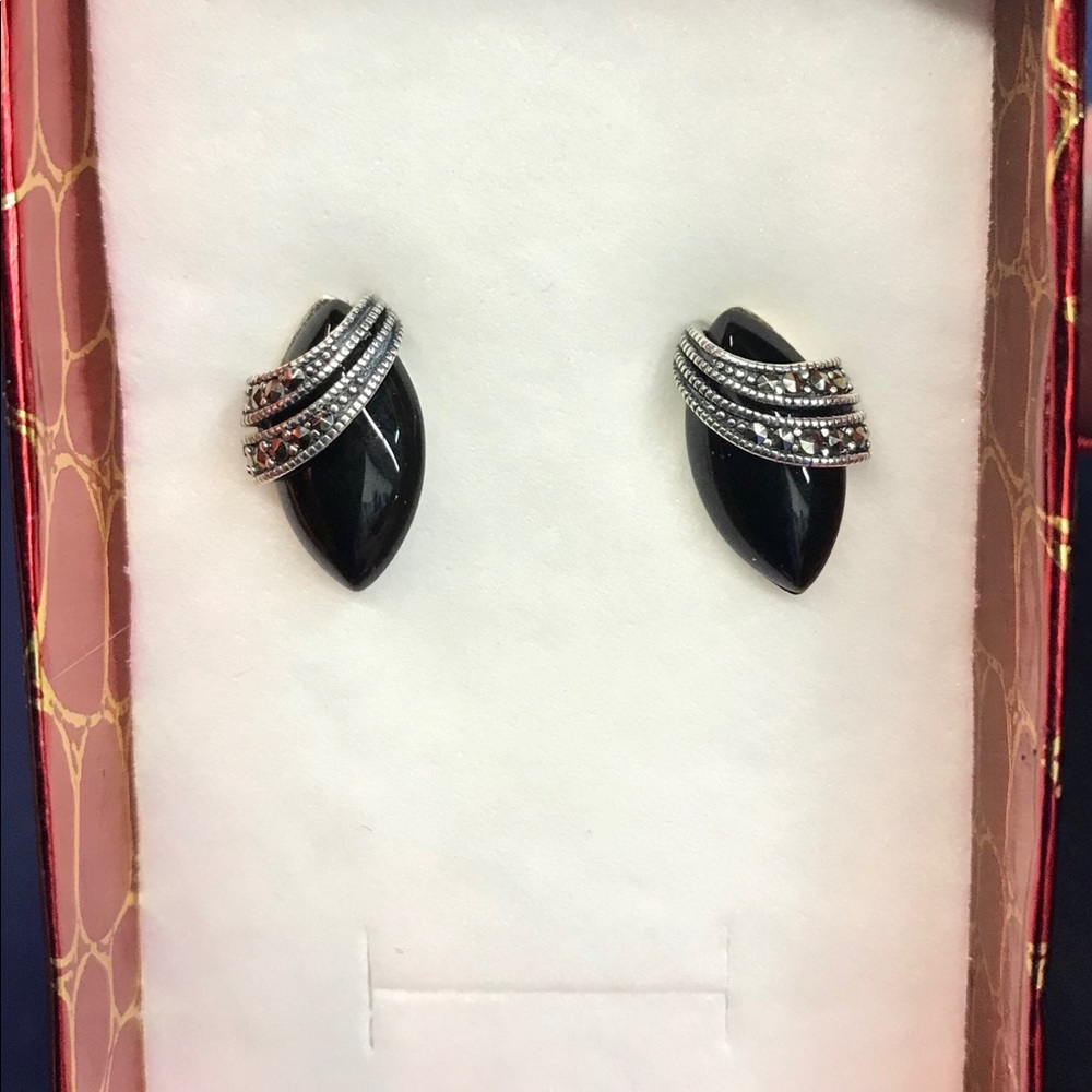 Sterling S. Marquise Black Onyx Marcasite Earrings